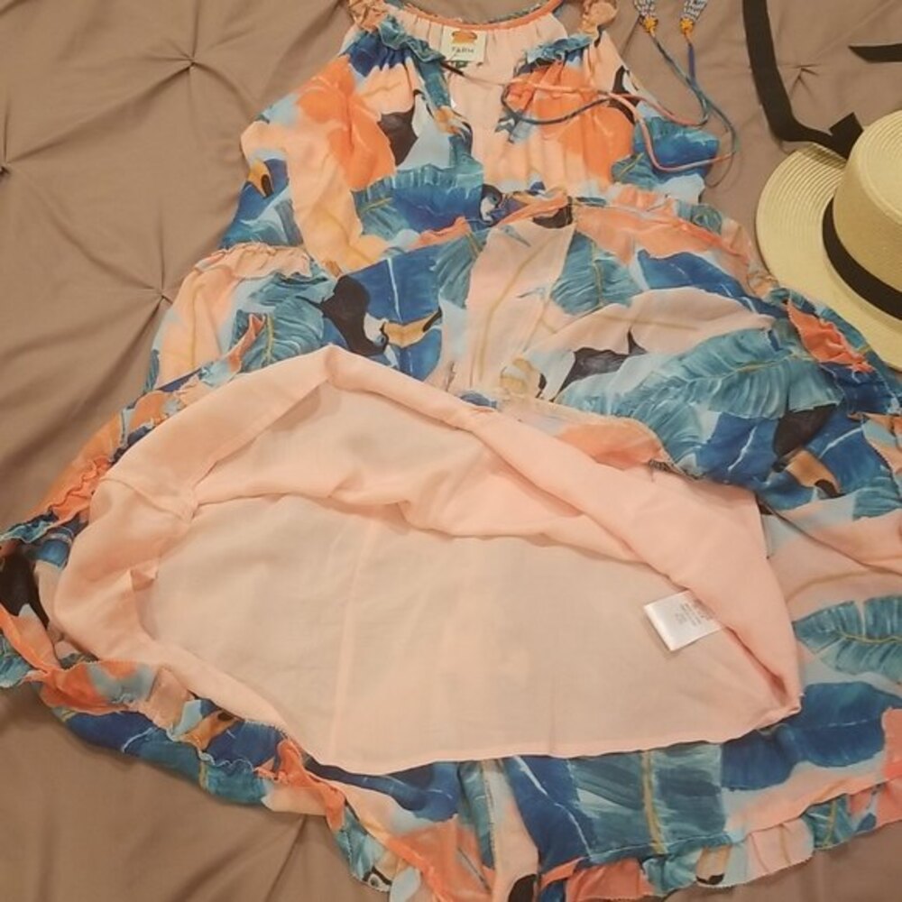 FARM Rio Brazil Orange Peach Blue Beaded Tassel Toucan Mini Dress Tropical, M - Picture 11 of 14